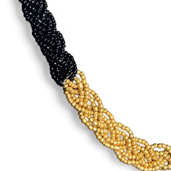 Two-Tone Black & Gold Beaded Braided Necklace With Adjustable Chain Closure 19"L - Picture 3 of 7